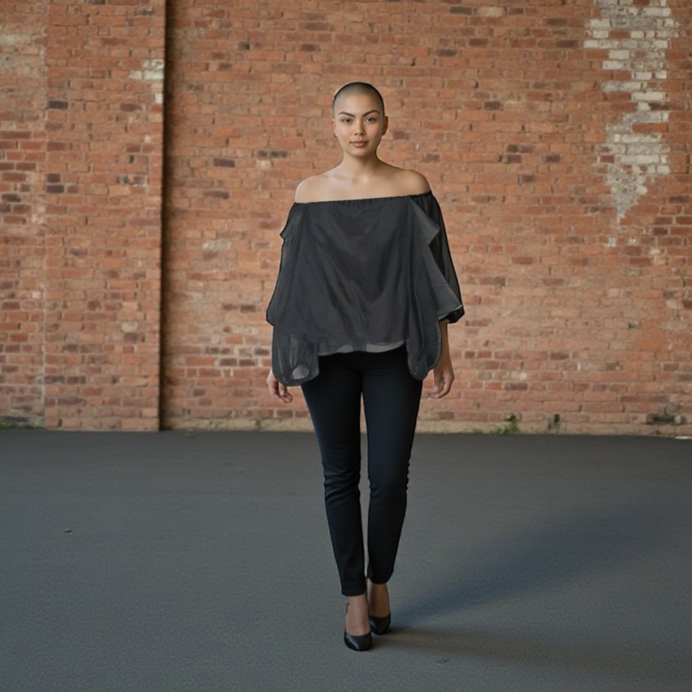 Milly Gloria Silk Organza Blouse Black Off Shoulder Sheer Arm
Size 6